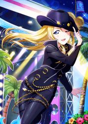 Rule 34 | 1girl, artist name, artist request, ayase eli, black bodysuit, black footwear, black hat, black pants, blonde hair, blue eyes, blue sky, blush, bodysuit, boots, breasts, chain, chain necklace, cleavage, cloud, collarbone, cowboy hat, diamond princess no yuuutsu, female focus, floating hair, gold chain, gold necklace, hair between eyes, hat, high heel boots, high heels, high ponytail, jewelry, long hair, long sleeves, looking at viewer, love live!, love live! school idol festival, love live! school idol project, necklace, night, night sky, outdoors, palm tree, pants, parted lips, ponytail, short hair, sky, small breasts, smile, solo, sparkle, star (sky), tree, zipper, zipper pull tab