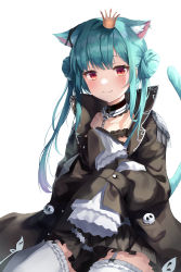 Rule 34 | 1girl, absurdres, animal ears, aqua hair, asymmetrical hair, black coat, black dress, blush, bow, cat ears, cat girl, cat tail, chain, choker, closed mouth, coat, commentary, crown, double bun, dress, ear piercing, ear ribbon, english commentary, epaulettes, extra ears, frilled dress, frilled straps, frilled thighhighs, frills, garter straps, gradient hair, hair bun, highres, hololive, kimae, lace, lace choker, looking at viewer, mini crown, multicolored hair, open clothes, open coat, piercing, pink hair, popped collar, red eyes, short dress, short sleeves, simple background, sitting, sleeves past fingers, sleeves past wrists, smile, solo, tail, thighhighs, tilted headwear, twintails, uneven twintails, uruha rushia, uruha rushia (3rd costume), virtual youtuber, white background, white garter straps, white thighhighs