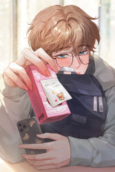 Rule 34 | 1boy, arm rest, backlighting, bag, blue eyes, blush, brown hair, cellphone, closed mouth, commentary, desk, fingernails, glasses, grey hoodie, hair between eyes, hand up, highres, holding, holding bag, holding carton, holding phone, hood, hoodie, incoming drink, indoors, light particles, lips, long sleeves, looking at viewer, male focus, milk carton, nolang, note, original, phone, phone number, round eyewear, short hair, shoulder bag, sleeves past wrists, smartphone, solo, sticker, strawberry milk, sunlight, symbol-only commentary, upper body, variant set