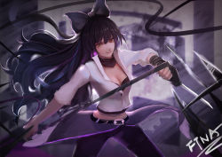 Rule 34 | 1girl, belt, black bow, black hair, black scarf, blake belladonna, blurry, bow, breasts, building, cleavage, closed mouth, cowboy shot, cropped jacket, depth of field, eyebrows, eyelashes, floating hair, ftna, glowing, hair between eyes, hair bow, highres, holding, holding weapon, lips, long hair, looking at viewer, midriff, motion blur, outstretched arms, purple hair, ribbon, rwby, scarf, signature, sketch, smile, solo, thick eyebrows, very long hair, waist cape, weapon, whip, yellow eyes