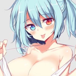 Rule 34 | 1girl, :p, alternate hairstyle, bare shoulders, bikini, blue eyes, blue hair, breasts, close-up, collarbone, commentary request, grey background, hair between eyes, half updo, head tilt, heterochromia, large breasts, looking at viewer, maturiuta sorato, red eyes, shiny skin, short hair, simple background, smile, solo, strap pull, swimsuit, tatara kogasa, tongue, tongue out, touhou, upper body, white bikini