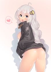 Rule 34 | 1girl, :d, ahoge, ass, bar censor, black jacket, blue eyes, blush, bottomless, braid, breasts, censored, commentary request, cowboy shot, from behind, gradient background, hair between eyes, hair ornament, hairclip, hand on own hip, heart, jacket, kizuna akari, large breasts, long hair, long sleeves, looking at viewer, looking back, nipples, open clothes, open jacket, open mouth, sawayaka samehada, silver hair, simple background, smile, solo, spoken heart, very long hair, voiceroid
