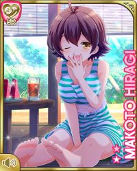 Rule 34 | 1girl, barefoot, breasts, brown eyes, brown hair, card (medium), cleavage, day, dress, food, fruit, girlfriend (kari), glass, green dress, hiragi makoto, indoors, leaning forward, official art, one eye closed, qp:flapper, short hair, sitting, solo, striped clothes, striped dress, table, tea, tears, watermelon, yawning, yellow eyes