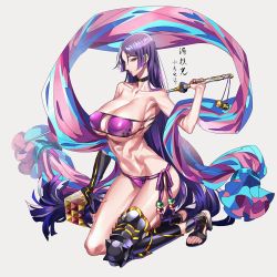 Rule 34 | 1girl, armor, beads, bikini, breasts, choker, cleavage, collarbone, commentary request, eyepatch bikini, fate/grand order, fate (series), gloves, hand on own thigh, high heels, highres, holding, holding sword, holding weapon, huge breasts, kneeling, leg armor, long hair, looking at viewer, low-tied long hair, minamoto no raikou (fate), minamoto no raikou (fate/grand order), minamoto no raikou (swimsuit lancer) (fate), minamoto no raikou (swimsuit lancer) (third ascension) (fate), navel, parted bangs, purple bikini, purple eyes, purple hair, side-tie bikini bottom, sideboob, single glove, swimsuit, sword, sword behind back, tenobe, underboob, very long hair, weapon