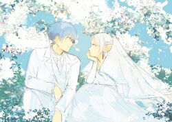 Rule 34 | 1boy, 1girl, blue eyes, blue hair, blue sky, chamwa, closed mouth, commentary, day, dress, earrings, elf, english commentary, eye contact, flower, formal, frieren, hand on own chin, hetero, highres, himmel (sousou no frieren), husband and wife, jacket, jewelry, kneeling, long sleeves, looking at another, necktie, outdoors, pants, pointy ears, shirt, short hair, sky, smile, sousou no frieren, suit, veil, wedding dress, white flower, white hair, white jacket, white necktie, white pants, white shirt, white suit