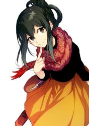 Rule 34 | 10s, 1girl, :&gt;, asui tsuyu, black eyes, black hair, boku no hero academia, commentary, finger to mouth, hair between eyes, hegi, leaning forward, long hair, looking at viewer, orange skirt, scarf, shoes, simple background, skirt, smile, solo, standing, white background