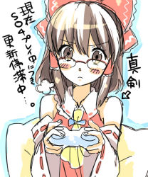 Rule 34 | 1girl, bespectacled, chigo, controller, female focus, game controller, gamepad, glasses, hakurei reimu, playing games, solo, touhou, translated, upper body, video game, white background