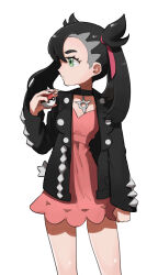Rule 34 | 1girl, absurdres, asymmetrical bangs, baeming, black collar, black hair, black jacket, clenched hand, closed mouth, collar, commentary request, creatures (company), dress, eyelashes, game freak, highres, holding, holding poke ball, jacket, korean commentary, looking to the side, marnie (pokemon), medium hair, nintendo, open clothes, open jacket, pink dress, poke ball, poke ball (basic), pokemon, pokemon swsh, simple background, solo, standing, white background