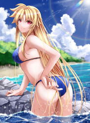Rule 34 | 1girl, ass, bare arms, bikini, blonde hair, blue bikini, blurry, blurry background, breasts, closed mouth, day, fate testarossa, hair between eyes, highres, large breasts, leaning forward, long hair, looking at viewer, looking back, lyrical nanoha, mahou shoujo lyrical nanoha strikers, ocean, outdoors, red eyes, sideboob, smile, solo, sougetsu izuki, standing, straight hair, summer, swimsuit, very long hair, wading