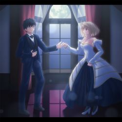 Rule 34 | 1boy, 1girl, ahoge, arcueid brunestud, bare shoulders, black hair, blonde hair, blue eyes, bow, bowtie, breasts, cleavage, collarbone, commission, couple, curtains, dancing, dress, formal, glasses, high heels, holding hands, indoors, looking at another, moon, night, night sky, open mouth, pixiv commission, red eyes, shoori (migiha), short hair, sky, smile, standing, suit, tohno shiki, tsukihime, type-moon, white dress, window