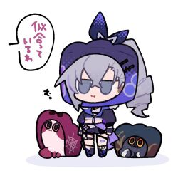 Rule 34 | 1girl, :&lt;, :i, animalization, arms at sides, bandaged arm, bandaged tail, bandages, black footwear, black gloves, black jacket, black shorts, blade (sesame cake) (honkai: star rail), boots, bow, cat, commentary request, critter pick (honkai: star rail), crossed bangs, drill hair, drill ponytail, fingerless gloves, fishnets, full body, gloves, grey cat, grey eyes, grey hair, hair bow, honkai: star rail, honkai (series), jacket, kafka (shader cat) (honkai: star rail), legs apart, no nose, orange eyes, pink eyes, puffy short sleeves, puffy sleeves, purple cat, shigetake (buroira), short sleeves, shorts, silk, silver wolf (honkai: star rail), simple background, single sidelock, solid eyes, speech bubble, spider web, standing, sunglasses, translation request, white background