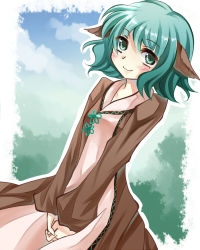 Rule 34 | 1girl, animal ears, blush, dress, female focus, gradient background, green eyes, green hair, kasodani kyouko, matching hair/eyes, miyakure, nature, own hands clasped, own hands together, plant, short hair, sky, smile, solo, touhou, v arms