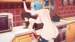 Rule 34 | 1futa, 1girl, 3d, amber (genshin impact), animated, animated gif, ass, back, backboob, bent over, blue hair, breast press, breasts, brown hair, clothed sex, clothes, cum, cum in pussy, doggystyle, eula (genshin impact), futa with female, futanari, genshin impact, gloves, headband, kitchen, large breasts, leaning forward, long hair, medium breasts, medium hair, multiple girls, nae22, open clothes, partially undressed, sex, sex from behind, yuri