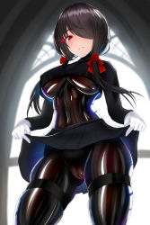Rule 34 | 1girl, black bodysuit, black hair, black shirt, blurry, blurry background, bodysuit, bodysuit under clothes, breasts, cameltoe, clothes lift, covered navel, cowboy shot, cropped shirt, date a live, elbow gloves, flower, gloves, glowing, glowing eye, gluteal fold, hair flower, hair ornament, hair over one eye, hair ribbon, highres, impossible bodysuit, impossible clothes, large breasts, latex, latex bodysuit, lifted by self, long hair, looking at viewer, necktie, nekoda (maoda), pleated skirt, red eyes, ribbon, shiny clothes, shirt, skin tight, skirt, skirt lift, smile, solo, thigh strap, tokisaki kurumi, twintails, underboob, uneven twintails, white gloves, window