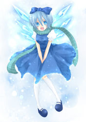 Rule 34 | 1girl, :d, bad id, bad pixiv id, between thighs, blue eyes, blue hair, bow, cirno, dress, female focus, full body, gradient background, hair bow, kneehighs, mary janes, matching hair/eyes, open mouth, perfect cherry blossom, scarf, shoes, smile, snowflakes, socks, solo, thighs, tongue, touhou, upskirt, v arms, wind, wind lift, wings, you zasshoku