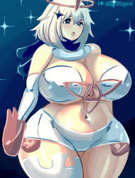 Rule 34 | 1girl, absurdres, blue eyes, breasts, cleavage, curvy, drawing, female focus, genshin impact, highres, huge breasts, lingerie, magentapeel, mature female, navel, open mouth, paimon (genshin impact), solo, thick thighs, thighs, underwear, white hair, wide hips