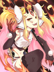 Rule 34 | 1girl, amagasa yun, black gloves, black nails, black thighhighs, blonde hair, commentary request, elbow gloves, facial mark, fangs, fate/grand order, fate (series), fingernails, fire, from side, gloves, highres, holding, horns, ibaraki douji (fate), ibaraki douji (swimsuit lancer) (third ascension) (fate), japanese clothes, long hair, looking at viewer, nail polish, oni, oni horns, parted bangs, pink hair, sharp fingernails, tattoo, thighhighs, very long hair, yellow eyes