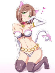Rule 34 | 10s, 1girl, animal ears, bare shoulders, bell, blush, bow, bra, breasts, brown hair, cat ears, cat tail, choker, cleavage, collar, collarbone, gloves, gradient background, green eyes, hand on own cheek, hand on own face, highres, idolmaster, idolmaster cinderella girls, jingle bell, kneeling, looking at viewer, maekawa miku, navel, neck bell, nekono matatabi, o-ring, panties, pink background, pink ribbon, ribbon, shiny skin, short hair, smile, solo, stomach, tail, tail bow, tail ornament, tail ribbon, thigh gap, thighhighs, underwear, underwear only, white background, white bra, white gloves, white panties