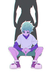 Rule 34 | 1boy, absurdres, backlighting, floating hair, full body, green eyes, green shorts, grey hair, highres, hunter x hunter, illumi zoldyck, invisible chair, kariki hajime, killua zoldyck, layered sleeves, long sleeves, looking at viewer, male focus, own hands together, purple shirt, shirt, shoes, short over long sleeves, short sleeves, shorts, silhouette, sitting, slit pupils, solo focus, standing, straight-on, t-shirt, white background, white shirt, wind