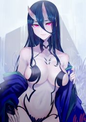 Rule 34 | 1girl, abyssal ship, bare shoulders, battleship princess, black dress, black hair, breasts, cosplay, cowboy shot, dress, fate/grand order, fate (series), glowing, glowing eyes, hair between eyes, horns, kantai collection, large breasts, long hair, looking at viewer, navel, off shoulder, pale skin, parted lips, red eyes, revealing clothes, shuten douji (fate), shuten douji (fate) (cosplay), skin-covered horns, smile, stomach, very long hair, walzrj