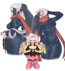 Rule 34 | 2girls, abs, akari (pokemon), ass, beanie, bodysuit, boots, breasts, chibi, covered navel, creatures (company), creepy, curvy, dawn (pokemon), empty eyes, game freak, guido (sucurapu), hand over face, hat, head scarf, highres, looking at viewer, medium breasts, multiple girls, multiple views, nintendo, outstretched arms, pink footwear, pink skirt, pokemon, pokemon bdsp, pokemon legends: arceus, ponytail, red scarf, scarf, seductive smile, simple background, skirt, sleeveless, smile, steaming body, toned, undressing, what, white headwear