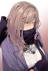 Rule 34 | 1girl, black scarf, blue eyes, blue jacket, blush, brown hair, commentary request, covered mouth, flower ornament, hair ornament, highres, horns, jacket, long hair, looking down, nijisanji, scarf, shirt, sidelocks, solo, suzuhara lulu, sweater, uno ryoku, upper body, virtual youtuber, white sweater, x hair ornament