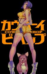 Rule 34 | 1girl, absurdres, ass, bare arms, black background, bob cut, boots, breasts, cigarette, cowboy bebop, crop top, dog, ein (cowboy bebop), facing away, faye valentine, full body, hairband, headphones, high heel boots, high heels, highres, laio, large breasts, legs, looking at viewer, looking back, parted bangs, pink thighhighs, purple hair, shirt, short hair, short shorts, shorts, sleeveless, sleeveless shirt, smile, standing, thighhighs, tongue, tongue out, welsh corgi, white footwear, widow&#039;s peak, yellow hairband, yellow shirt, yellow shorts