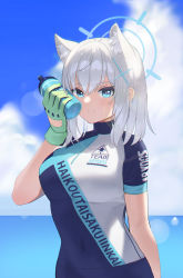 Rule 34 | 1girl, absurdres, animal ear fluff, animal ears, bike jersey, blue archive, blue eyes, blue sky, bottle, breasts, closed mouth, cloud, cloudy sky, covered navel, day, grey hair, hair between eyes, hair ornament, halo, hand up, highres, holding, holding bottle, horizon, light smile, looking at viewer, medium breasts, ocean, outdoors, shiroko (blue archive), shiroko (cycling) (blue archive), short sleeves, sky, solo, tomid, water, water bottle