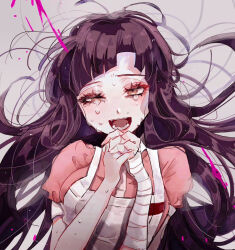 Rule 34 | 1girl, :d, bandaged arm, bandages, blood, breasts, danganronpa (series), danganronpa 2: goodbye despair, grey background, half-closed eye, large breasts, long hair, messy hair, naruse (nal1525), open mouth, own hands clasped, own hands together, pink blood, puffy short sleeves, puffy sleeves, purple hair, short sleeves, smile, solo, tears, teeth, tongue, tsumiki mikan, two-tone shirt