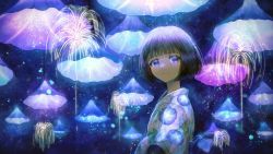 Rule 34 | 1girl, absurdres, black hair, blue eyes, blue flower, blunt bangs, fireworks, floral print, flower, glowing, highres, huge filesize, japanese clothes, kimono, looking at viewer, morning glory, morning glory print, original, print kimono, rin (rin7kan7), shadow, short hair, smile, solo, upper body, yukata