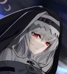 Rule 34 | 1girl, arknights, black veil, close-up, commentary, crescent moon, from below, grey hair, habit, highres, long hair, looking at viewer, looking down, mo komo momo, moon, nun, parted lips, red eyes, smile, solo, specter (arknights), symbol-only commentary, veil