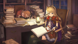 Rule 34 | 2girls, arm support, black gloves, black ribbon, blonde hair, blue eyes, book, book stack, bow, brown hair, cagliostro (granblue fantasy), cape, capelet, clarisse (granblue fantasy), closed eyes, closed mouth, commentary request, desk, elbow gloves, gloves, granblue fantasy, green legwear, hair ribbon, head rest, highres, holding, holding book, indoors, lantern, long hair, multiple girls, night, night sky, open book, open mouth, paper, ponytail, purple cape, quill, reading, red bow, red capelet, red skirt, ribbon, shirt, sitting, skirt, sky, sleeping, spikes, star (sky), starry sky, thighhighs, tiara, v-shaped eyebrows, very long hair, wasabi60, white shirt, window