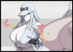 Rule 34 | 1girl, baseball cap, belt, black gloves, blurry, blurry foreground, breast hold, breasts, cabbie hat, collared shirt, colored skin, expressionless, fingerless gloves, gloves, grey belt, hair over one eye, hat, hataraku saibou, huge breasts, long hair, looking down, mikoyan, open clothes, open shirt, out of frame, shirt, translation request, u-1146, white blood cell (hataraku saibou), white hair, white skin, white uniform