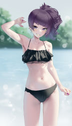 Rule 34 | 1girl, :d, absurdres, arm up, armpits, bare arms, bare shoulders, bikini, black bikini, blunt bangs, blurry, blurry background, blush, collarbone, cowboy shot, day, depth of field, diagonal bangs, ear piercing, fingernails, grin, highres, idolmaster, idolmaster shiny colors, kimi (hearty yuuki), long fingernails, long hair, looking at viewer, makeup, mascara, nail polish, navel, open mouth, outdoors, parted lips, piercing, purple eyes, purple hair, purple nails, side ponytail, smile, solo, stomach, swimsuit, tanaka mamimi, v-shaped eyebrows, water, yellow lips