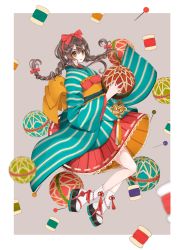 Rule 34 | 1girl, ball, black footwear, blue kimono, bow, braid, brown background, brown eyes, brown hair, hair between eyes, hair bow, hairband, highres, japanese clothes, kimono, long sleeves, low twintails, needle, obi, original, platform footwear, pleated skirt, red bow, red hairband, red skirt, ribbon-trimmed skirt, ribbon trim, sandals, sash, short kimono, skirt, socks, solo, spool, striped clothes, striped kimono, temari ball, thread, twin braids, twintails, two-tone background, usamochi., vertical-striped clothes, vertical-striped kimono, white background, white socks, wide sleeves