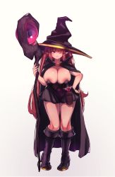 Rule 34 | areola slip, boots, breasts, bursting breasts, cape, cleavage, dae mon3, elf, hat, high heel boots, high heels, highres, large breasts, pointy ears, red eyes, staff, witch, witch hat