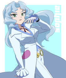 Rule 34 | 1girl, artist request, beyblade, blue hair, breasts, character name, female focus, fingerless gloves, gloves, green eyes, light blue hair, looking at viewer, medium breasts, metal fight beyblade, smile, solo, sophie (beyblade), white gloves