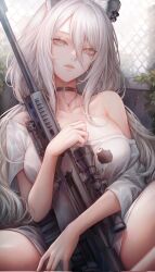 Rule 34 | 1girl, animal ears, anti-materiel rifle, bad id, bad twitter id, barrett m82, black choker, breasts, chain-link fence, choker, collarbone, earrings, fangs, fence, grey eyes, gun, hair between eyes, hama guri, highres, holding, holding gun, holding weapon, hololive, jewelry, large breasts, lion ears, lion girl, long bangs, long hair, low twintails, off shoulder, parted lips, pendant, rifle, scope, shirt, shishiro botan, shishiro botan (casual), single bare shoulder, sitting, sniper rifle, solo, thighs, twintails, very long hair, virtual youtuber, weapon, white hair, white shirt