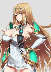 Rule 34 | 1girl, armor, bare shoulders, blonde hair, blush, breasts, cleavage cutout, closed mouth, clothing cutout, commentary request, covered navel, dress, earrings, elbow gloves, gem, gloves, grey background, hand on own hip, headpiece, highres, hotate-chan, jewelry, large breasts, long hair, looking at viewer, mythra (xenoblade), nintendo, short shorts, shorts, simple background, smile, solo, swept bangs, tiara, very long hair, white dress, white gloves, xenoblade chronicles (series), xenoblade chronicles 2, yellow eyes