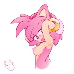 Rule 34 | 1girl, absurdres, amy rose, animal ears, animal nose, armpits, arms behind head, arms up, artist logo, blush, body fur, breasts, covered mouth, cropped torso, female focus, from side, furry, furry female, gloves, green eyes, hairband, half-closed eyes, highres, nipples, nude, pink fur, pink hair, red hairband, reddish fox, short hair, sidelocks, simple background, sketch, small breasts, solo, sonic (series), watermark, white background, white gloves