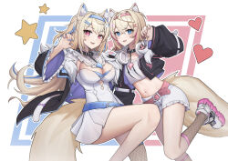 Rule 34 | 2girls, absurdres, akaharuu, animal ear fluff, animal ears, belt, belt collar, black collar, black jacket, blonde hair, blue belt, blue eyes, blue hair, blue nails, breasts, cleavage cutout, clothing cutout, collar, cropped jacket, cropped shirt, dog ears, dog girl, dog tail, dress, fang, fishnet socks, fishnets, flat chest, frilled shorts, frills, fur-trimmed jacket, fur trim, fuwawa abyssgard, fuwawa abyssgard (1st costume), hair ornament, hairpin, headphones, headphones around neck, heart, highres, hololive, hololive english, jacket, large breasts, long hair, medium hair, midriff, mococo abyssgard, mococo abyssgard (1st costume), multicolored hair, multiple girls, navel, open mouth, pink belt, pink eyes, pink hair, pink nails, shirt, shoes, short shorts, shorts, siblings, single fishnet legwear, sisters, skin fang, smile, sneakers, socks, spiked collar, spikes, star (symbol), streaked hair, tail, twins, virtual youtuber, white dress, white footwear, white shirt, white shorts, x hair ornament