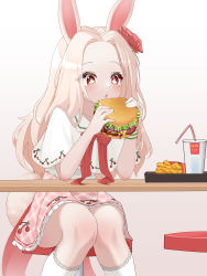 Rule 34 | 1girl, animal ears, brokan715, brown hair, burger, commission, cup, disposable cup, dress, drinking straw, eating, fast food, flower, food, forehead, french fries, hair flower, hair ornament, highres, kneehighs, long hair, original, pink dress, rabbit ears, rabbit girl, rabbit tail, red eyes, rose, shirt, short sleeves, sitting, socks, solo, stool, table, tail, white socks, white shirt