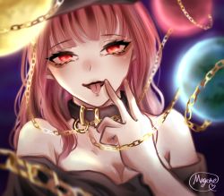 Rule 34 | 1girl, :p, artist name, bare shoulders, black lips, black shirt, blunt bangs, blurry, blurry background, blurry foreground, breasts, chain, choker, cleavage, commentary request, eyelashes, finger to mouth, gradient background, hecatia lapislazuli, highres, lipstick, long hair, looking at viewer, makeup, mayone segune, off-shoulder shirt, off shoulder, red eyes, red hair, shirt, signature, simple background, small breasts, solo, tongue, tongue out, touhou, upper body, v over mouth