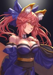 Rule 34 | 1girl, animal ear fluff, animal ears, blue kimono, blue ribbon, breasts, cleavage, detached sleeves, fate/extra, fate/grand order, fate (series), fox ears, fox girl, fox tail, hair ribbon, hand on own chest, hee, japanese clothes, kimono, large breasts, looking away, pink hair, ribbon, solo, tail, tamamo (fate), tamamo no mae (fate/extra), yellow eyes