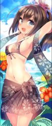 Rule 34 | 10s, 1girl, ahoge, akizuki (kancolle), alternate costume, armpits, arms up, bad id, bad twitter id, bikini, blue eyes, breasts, brown bikini, brown hair, cis (carcharias), cloud, cloudy sky, day, floral print, flower, from side, hachimaki, hair between eyes, hair flower, hair ornament, hairband, headband, hibiscus, kantai collection, long hair, looking at viewer, medium breasts, outdoors, ponytail, sarong, sky, solo, swimsuit