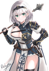 Rule 34 | 1girl, armor, asymmetrical hair, belt, belt pouch, black gloves, black thighhighs, blush, braid, breastplate, breasts, brown belt, center opening, cleavage, closed mouth, collared dress, commentary, cowboy shot, dress, fingerless gloves, gloves, green eyes, highres, holding, holding weapon, hololive, large breasts, leaning forward, looking at viewer, mace, mole, mole on breast, over shoulder, pelvic curtain, pleated dress, pouch, raiya atelier, shirogane noel, shirogane noel (1st costume), short dress, short hair, shoulder armor, signature, silver hair, simple background, single braid, smile, solo, strap, thighhighs, thighs, tiara, vambraces, virtual youtuber, waist cape, weapon, weapon over shoulder, white background, wing collar