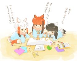 Rule 34 | 3girls, adapted costume, aged down, apron, bird wings, black-headed ibis (kemono friends), braid, child, comic, commentary request, crayon, drawing, fur collar, hair tie, head wings, japanese crested ibis (kemono friends), kemono friends, kindergarten uniform, long sleeves, moeki (moeki0329), multicolored hair, multiple girls, neck ribbon, paper, ponytail, red hair, ribbon, scarlet ibis (kemono friends), scissors, shirt, short sleeves, sidelocks, socks, t-shirt, translation request, twin braids, twintails, white hair, wings