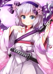 Rule 34 | 1girl, alternate costume, blue eyes, blush, bow, cherry blossom print, cherry blossoms, closed mouth, commentary request, cowboy shot, floral print, floral print kimono, flower, grey hair, grey ribbon, hair bow, hair flower, hair ornament, hairband, hands up, highres, hitodama, japanese clothes, katana, kimono, konpaku youmu, konpaku youmu (ghost), konpaku youmu (white gardener of the netherworld tower), long sleeves, looking at viewer, obi, pink flower, purple bow, purple hairband, ruu (tksymkw), sash, sheath, sheathed, short hair, smile, solo, standing, sword, touhou, touhou lostword, weapon, white kimono, white sash, wide sleeves