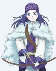 Rule 34 | 1girl, ainu, ainu clothes, arrow (projectile), asirpa, bandana, blue eyes, bow (weapon), cape, earrings, fur cape, golden kamuy, highres, hoop earrings, jewelry, long hair, long sleeves, looking at viewer, pika gororo, purple hair, simple background, solo, standing, weapon