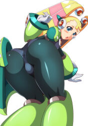 Rule 34 | 1girl, absurdres, ass, ass focus, blonde hair, blue eyes, blush, bodysuit, boots, breasts, cameltoe, capcom, from behind, from below, gloves, highres, huge ass, kotatuman dash, leaning, leaning forward, long hair, looking at viewer, mega man (series), mega man x (series), open mouth, palette (character), small breasts, solo, twintails